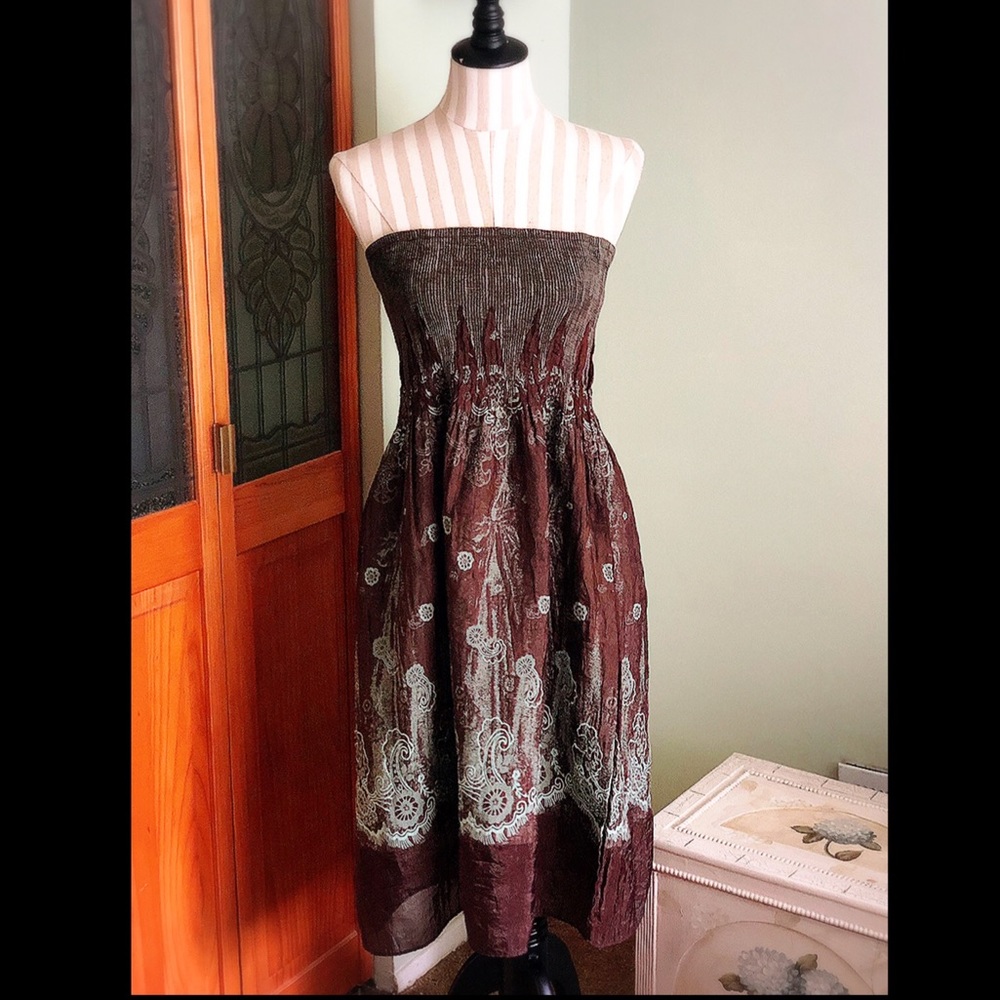 Vintage Lapis / Anthropologie Brown & Blue Smocked Strapless Boho Midi Dress Y2K